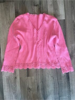 Pink Ribbed V-Neck Sweater with Lace Trim